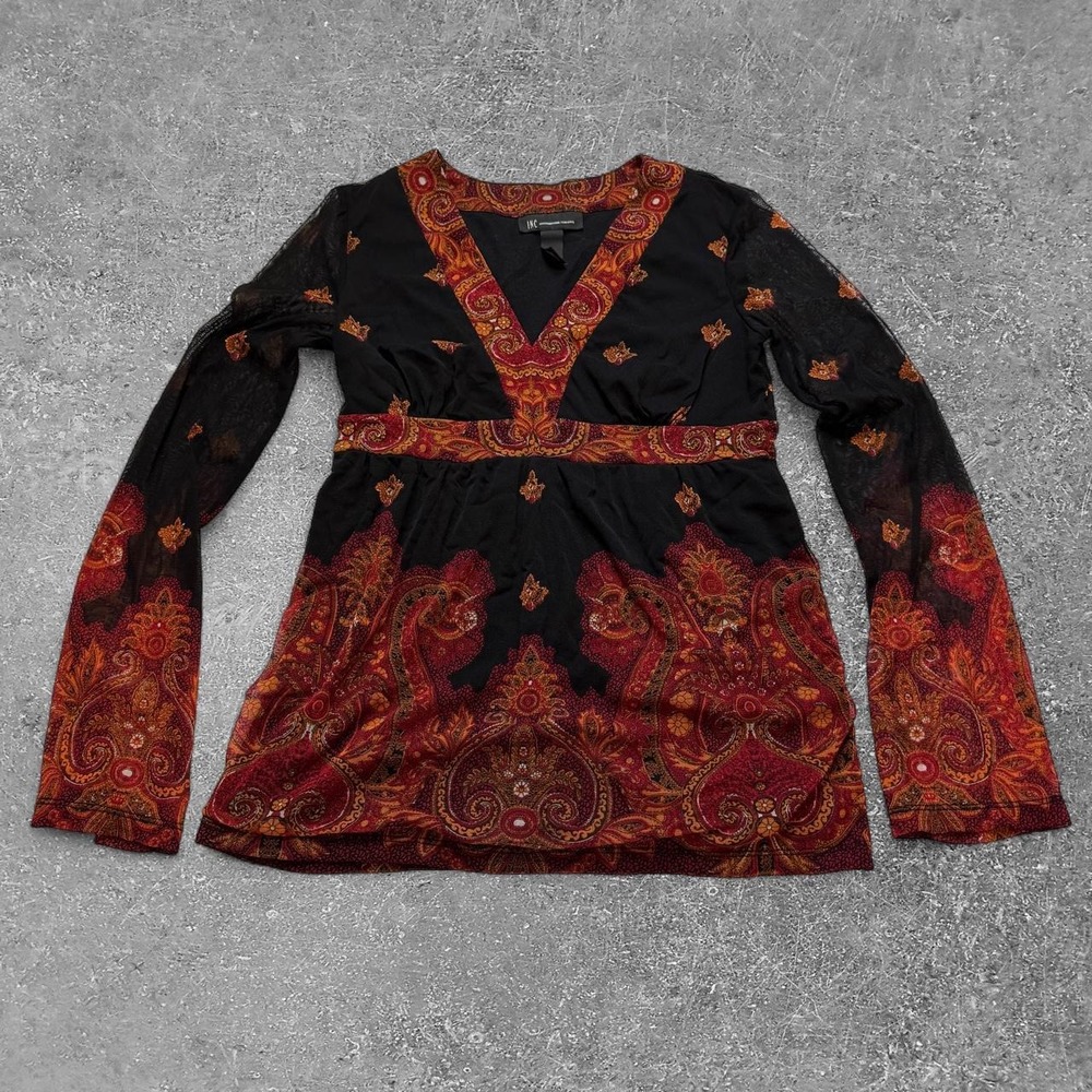 INC International Concepts Black Red Paisley Bell Sleeve Blouse Fairycore Small